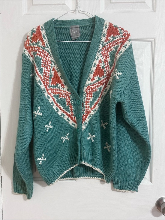 Ivy Sweaters - IVY Hand Knit Southwestern Fair Isle Cardigan Sweater M Teal Oversized Vintage